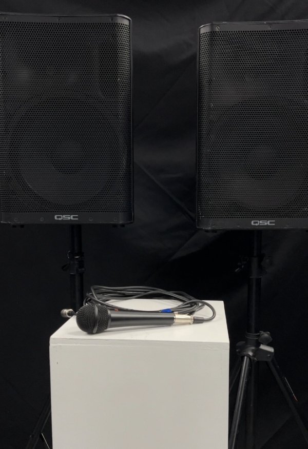 PA System package deal - 2x speakers, stands and corded microphone